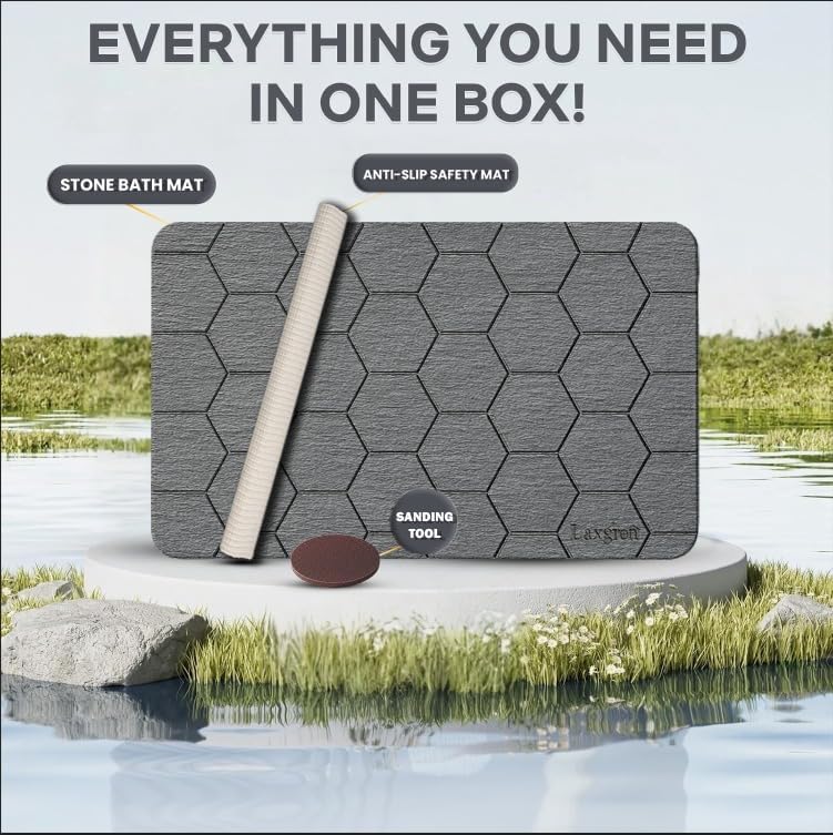 Stone Bath Mat - Premium Instant Absorption Natural Diatomaceous Earth Shower Mat 24"x16", Anti-Mold - Non-Slip Design, Ultra-Fast Drying Bathroom Floor Mat with Honeycomb Pattern, Gray - Image 8