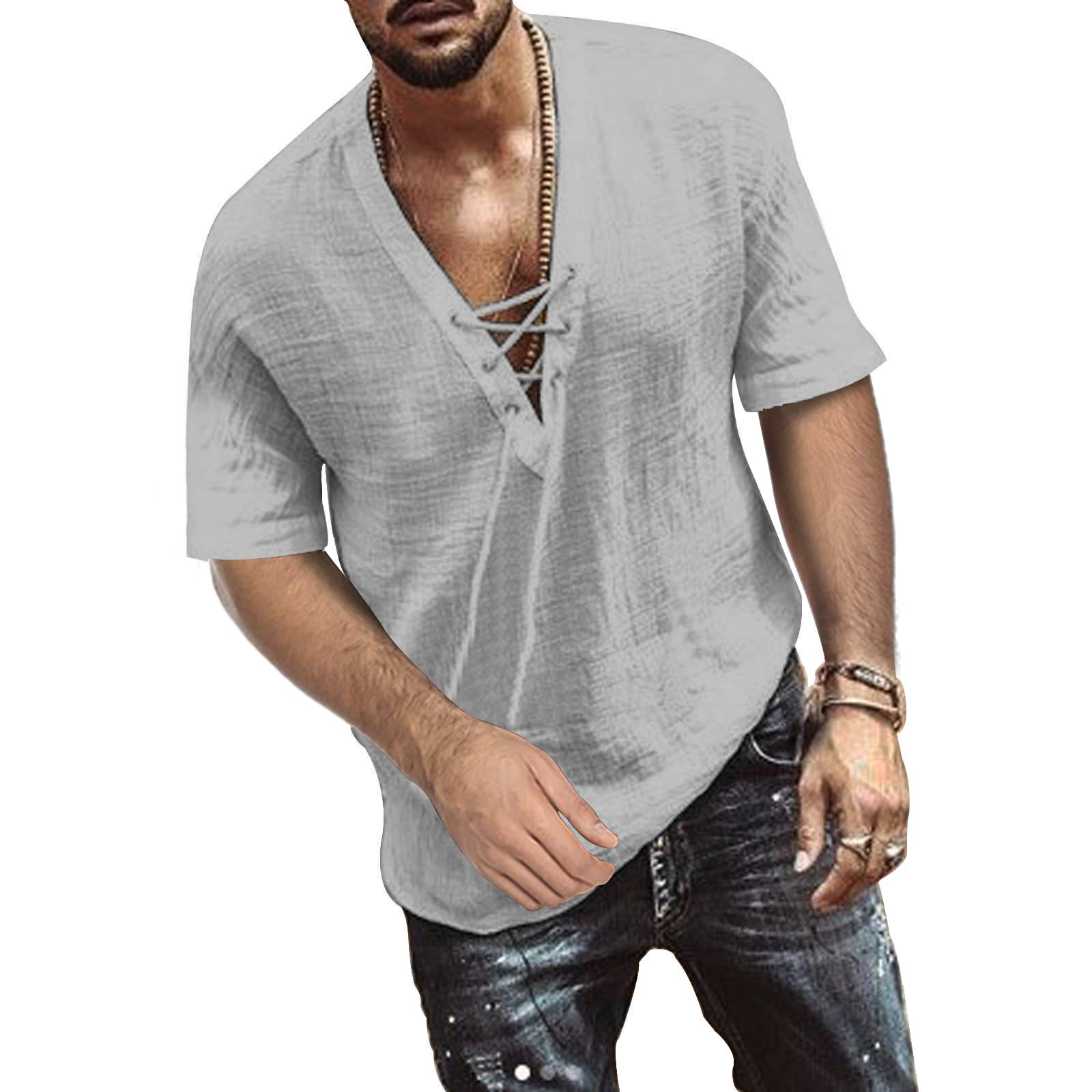 heekpek Camisa de Lino Hombre Manga Corta Casual Camisas de Verano Playa Cuello en V Camisa de Algodón y Lino para Hombre Ligero y Transpirable