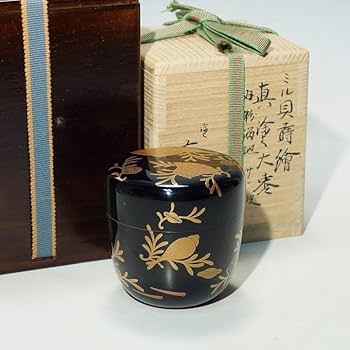 山中塗　辻石斎造　波に貝蒔絵　大棗　共布　宗左(而妙斎)極め箱　F　R6886 山中塗辻石斎造波に貝蒔絵大棗共布宗左(而妙斎)極め箱F R6886