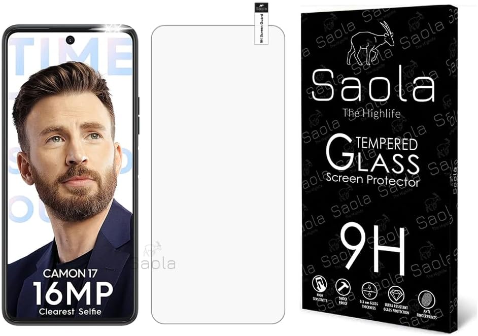 Saola® 9H Tempered Glass For Tecno Camon 17 (PACK OF 1) with Free Installation Kit. Full screen Coverage. Free Replacement If Received Damaged - 6.6 inch