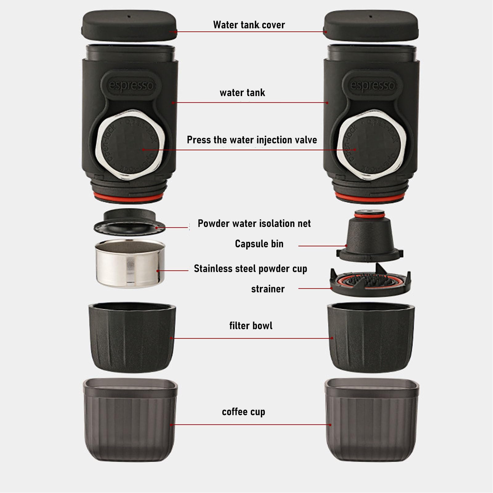 Drfeify Máquina de café Espresso Eléctrico Portátil, Cafetera de Viaje Portátil Operada Manualmente con Cápsula de café Molido para Acampar de Viajes, Senderismo, Oficina (BLACK)
