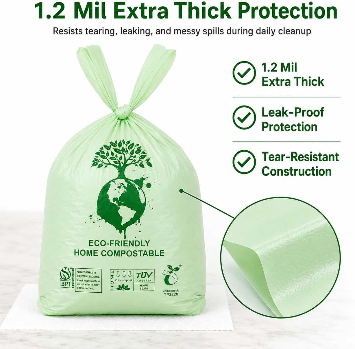 Home Compostable Dog Poop Bags, BPI & OK Compost HOME Certified | 0.6 Gallon, Thick Gusseted Unscented, 80ct, LeakProof T-Shirt Handles for Easy Knotting, Suitable for Small Medium Large Dogs
