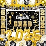 Taikuray 41Pcs Graduation Decorations Class of 2025, Black and Gold Graduation Decoration-Photo Banner Congrats Backdrop Door Banner Star 2025 Foil and Latex Balloons for Graduate Party