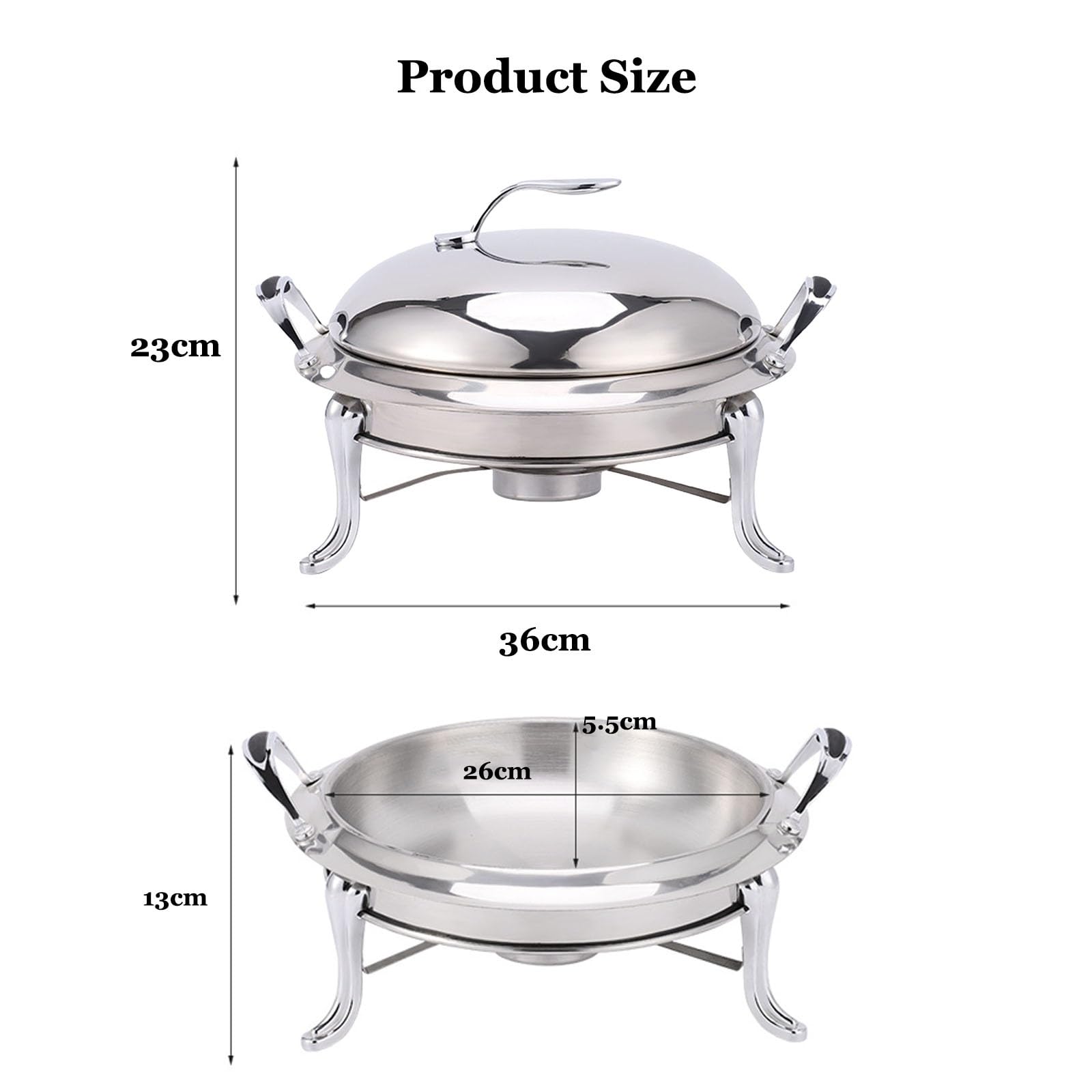 Runder Edelstahl Chafing Dish Buffetwärmer,Warmhalteplatte Speisenwärmer,Wärmebehälter Double Pot Behälter,für Hotels Cafés Restaurants Party(Silver,26cm)