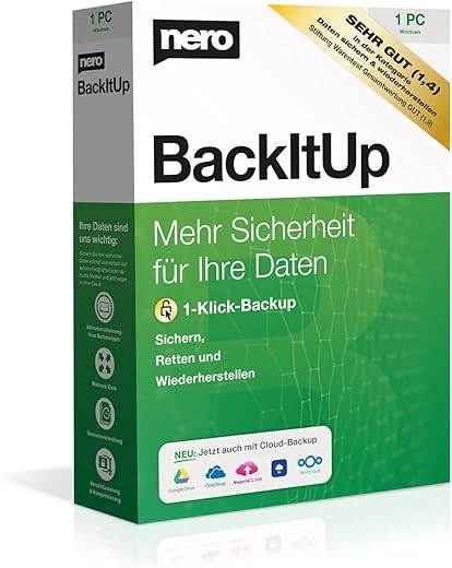 Nero BackItUp - Caja con enlace de descarga | protección de datos, backup, copia de seguridad, recuperación de datos, nube | licencia ilimitada | 1 PC | Windows 11 / 10 / 8 / 7