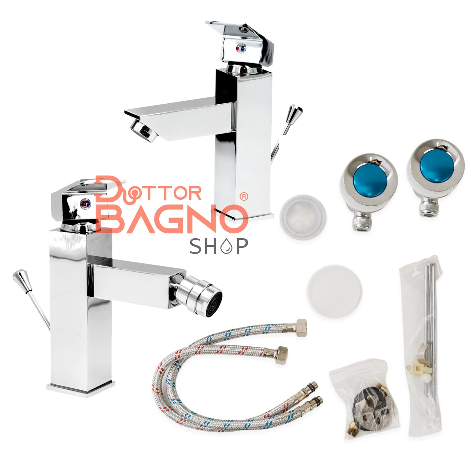 Set Rubinetti Bagno Lavabo e Bidet Quadrati Cromati – Miscelatori Monocomando in Ottone, Flessibili Inclusi, Design Moderno, Installazione Monoforo – Dottor Bagno Shop