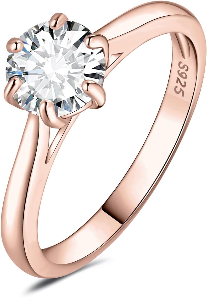 JewelryPalace Classic 0.5-2ct Round Cut Moissanite Solitaire Engagement Rings for Women, 14K White Yellow Rose Gold Plated 925 Sterling Silver Promise Ring, Simulated Diamond Anniversary Rings D-F VVS