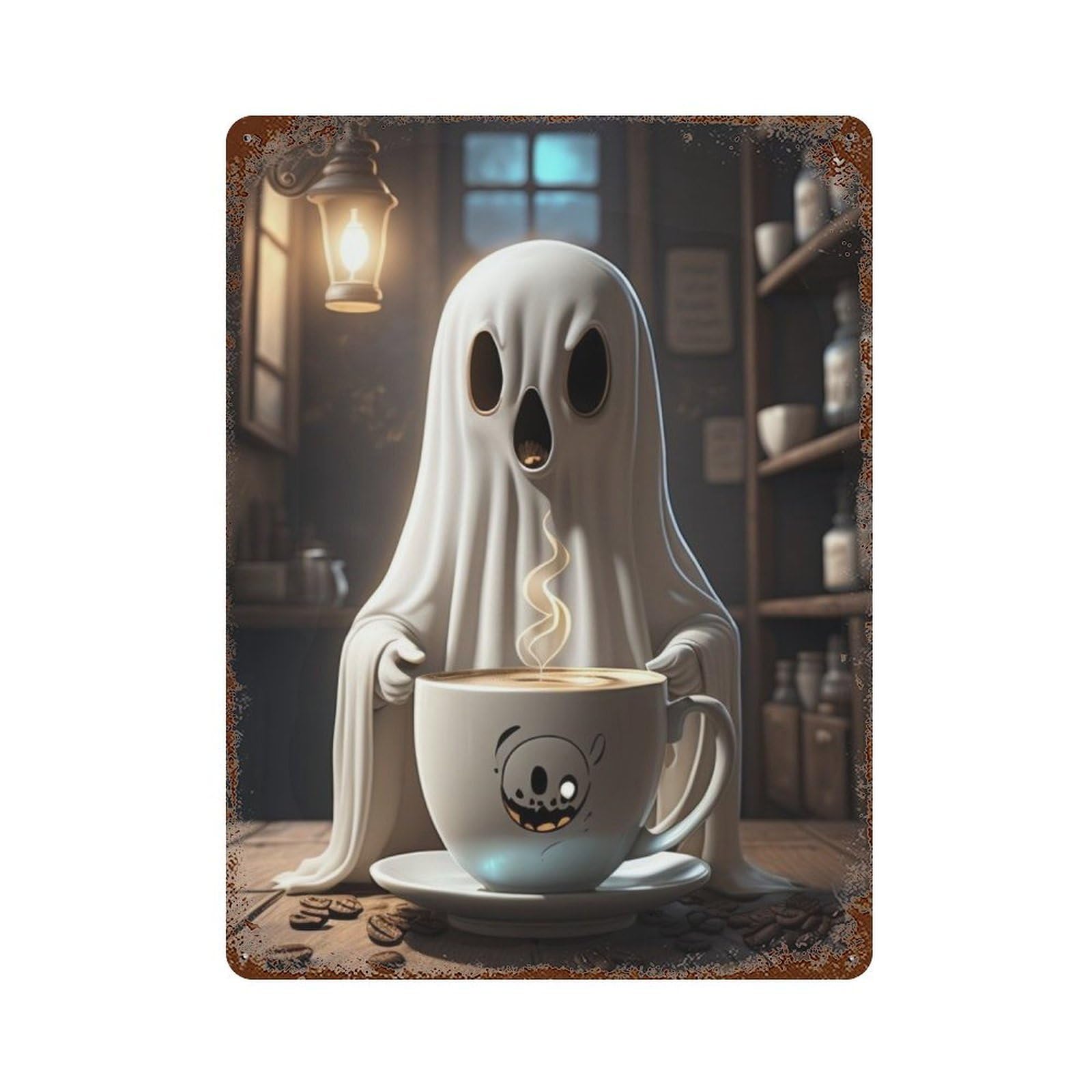 Ghostly Coffee Lover Rust Effect Tin Sign 15.7"x11.8", Rustic Home Decor for Cafe, Home Bar And Lounge Decor