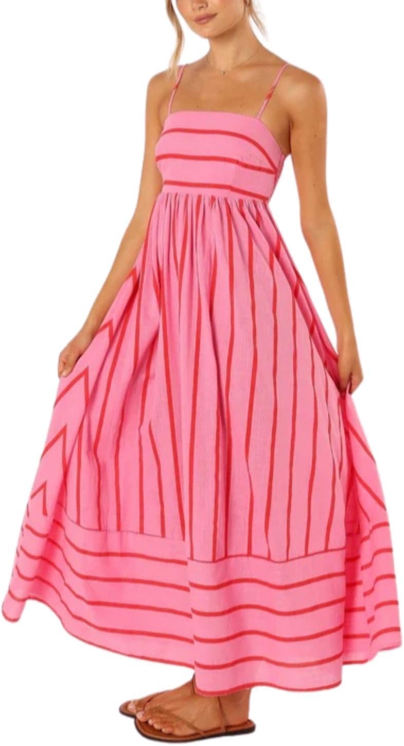 yoeasy Women's Striped Spaghetti Strap Cutout Maxi Dress Sleeveless Backless Flowy Swing Long Dress