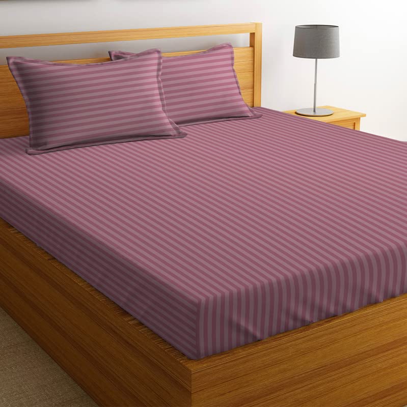Image of BSB HOME 210 Tc Premium Glace Cotton Striped /Lining Plain Bedsheet For Double Bed King Size With 2 Pillow Covers For Home-Hotels-Guest House-Bargandi, Purple