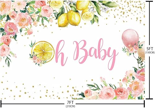Miniatura 5 de SENDY Telón de fondo de baby shower de limón de 7 x 5 pies, suministros de decoración de fiesta de bebé para niña, globo rosa, floral, dorado,