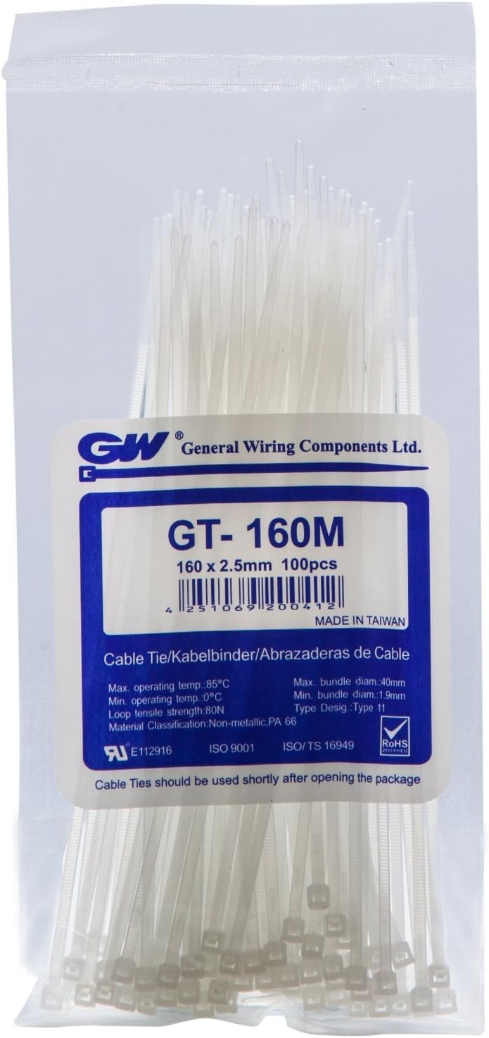 GW Wiring Products, Cable Tie 160 x 2,5 mm, Natural, 1000 pcs, GT-160M, Set of 1000 Pieces