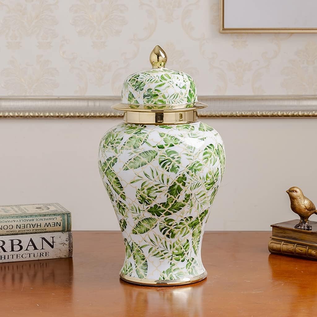decorative jars,ginger jar, Jars Jingdezhen Ceramic Ginger Jar, General Jar with Lid, Antique Ceramic Temple Jar, Green Leaf Pattern, Living Room Home Decoration Vase (Color : Green, Size : 25 * 48cm)