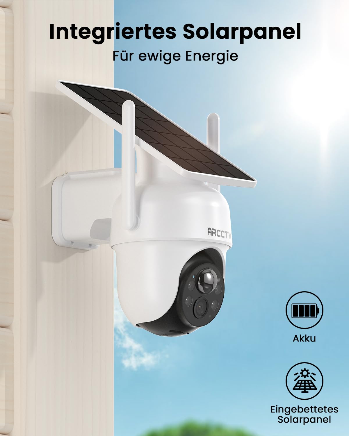 ARCCTV Überwachungskamera Aussen Set, Batteriebetriebene Kamera mit Solar | Ohne ABO, PIR Bewegungserkennung, 360° PTZ, 2-Wege-Audio, Wasserdicht, 4 Kameras mit Basisstation, mit Speicherkarte