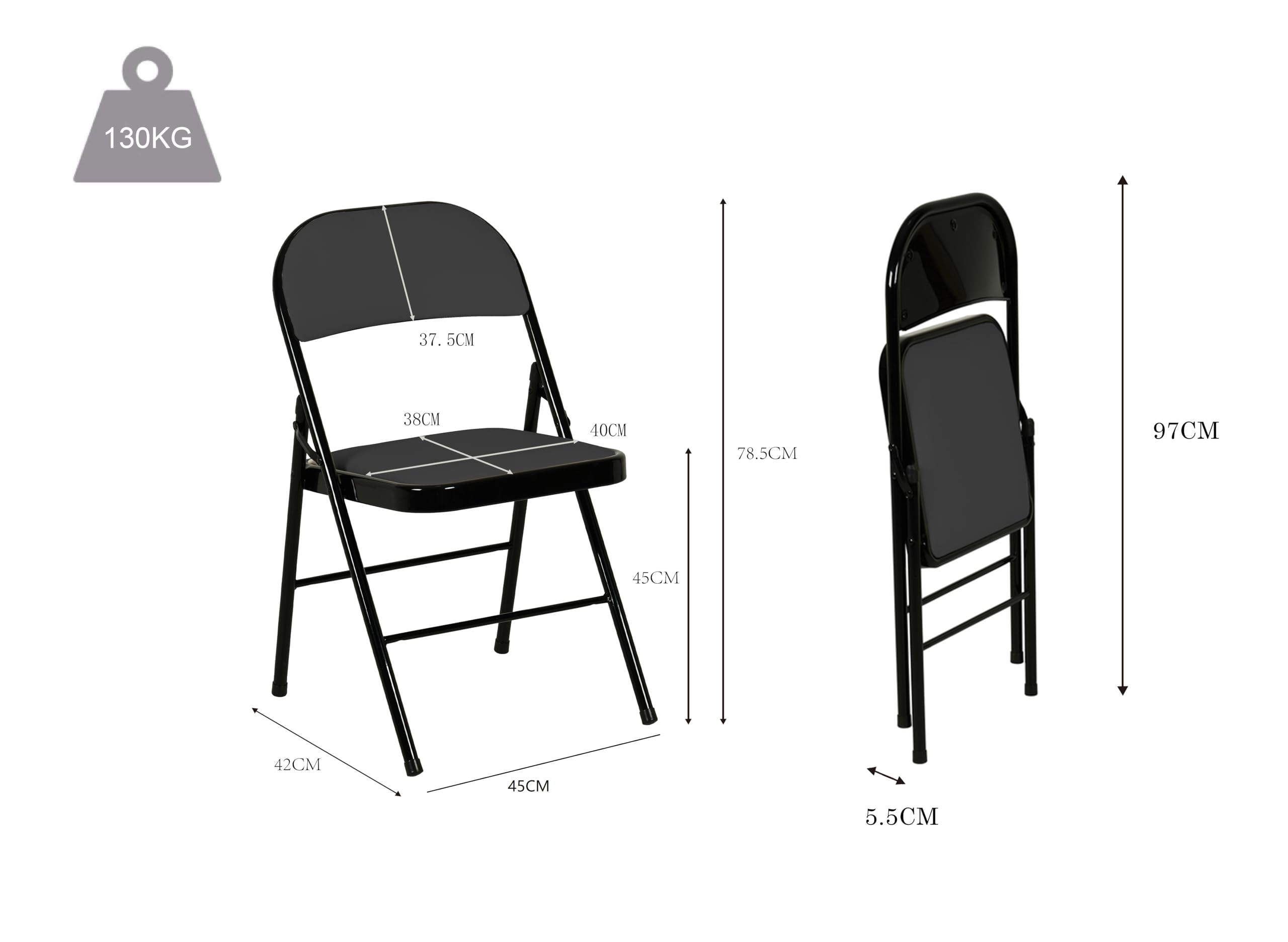 Lot de 2 chaises Pliantes Confortables rembourrées en PVC - Noir