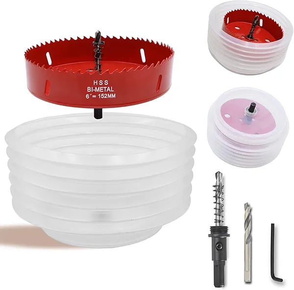 6 inch Hole Saw with Dust Bowl for Recessed Light Can Light,6'' Hole Saw for Metal Wood PVC Borad and Drywall,152mm HSS BI-Metal Hole Cutter for Different Project with Flat Drilling Edge(6 inch)