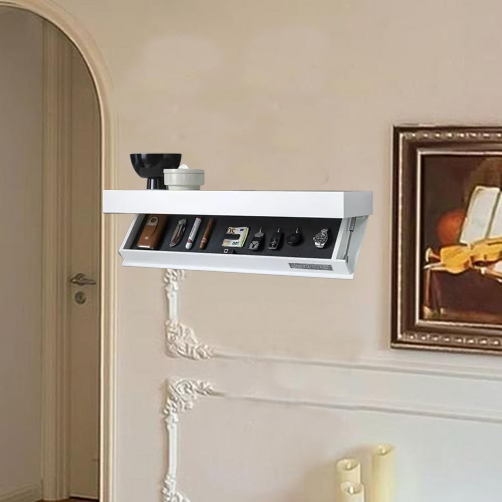 Mensole galleggianti da parete, mensole da parete in legno con scomparto segreto, mensola nascosta con porta trappola, mensole invisibili in legno per camera da letto, bagno