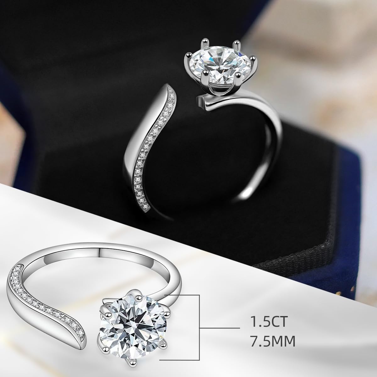 FEIKFEIZ Anillo de moissanita para mujer, diamante cultivado en laboratorio de 1-2CT, plata 925 bañada en oro blanco de 18K, anillo ajustable, anillo de compromiso.