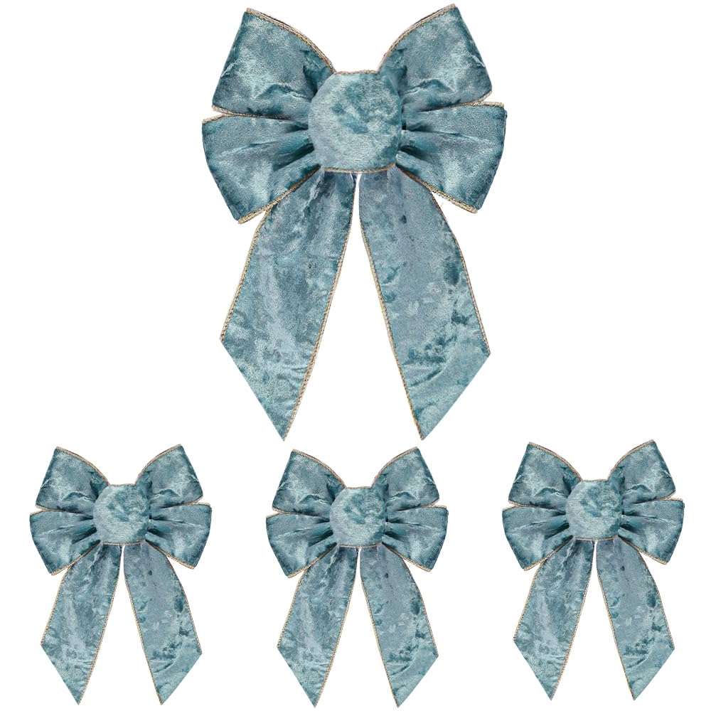 CHMOART 4 Pieces Haze Blue Wreath Bow 7.0 x 10.2 Inches Wedding Bows Blue Velvet Bow Birthday Craft Bow Holiday Tree Topper Ornament Bow for Home Front Door Decorations