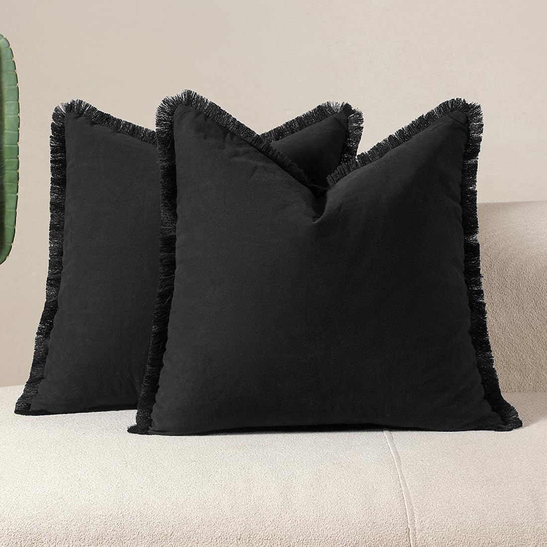 Decorative Washed Cotton Linen Cushion Covers 45x45cm Set of 2, Black — image 1