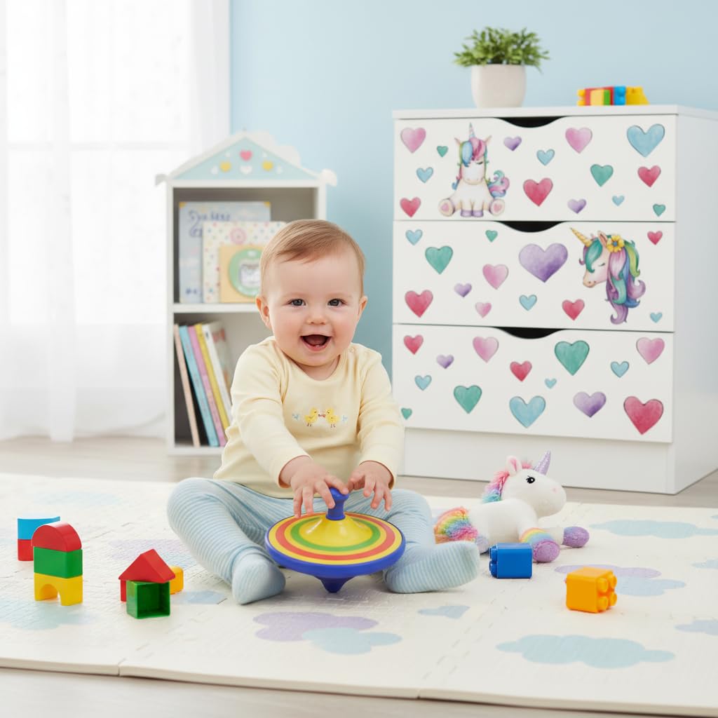 leomark Cajonera de Madera - Roma - Blanca Mesita con cajones, Armario de Dormitorio, Estilo escandinavo, a la habitación de los niños, Dim: 60 x 42 x 78 (H) cm (Unicornio)