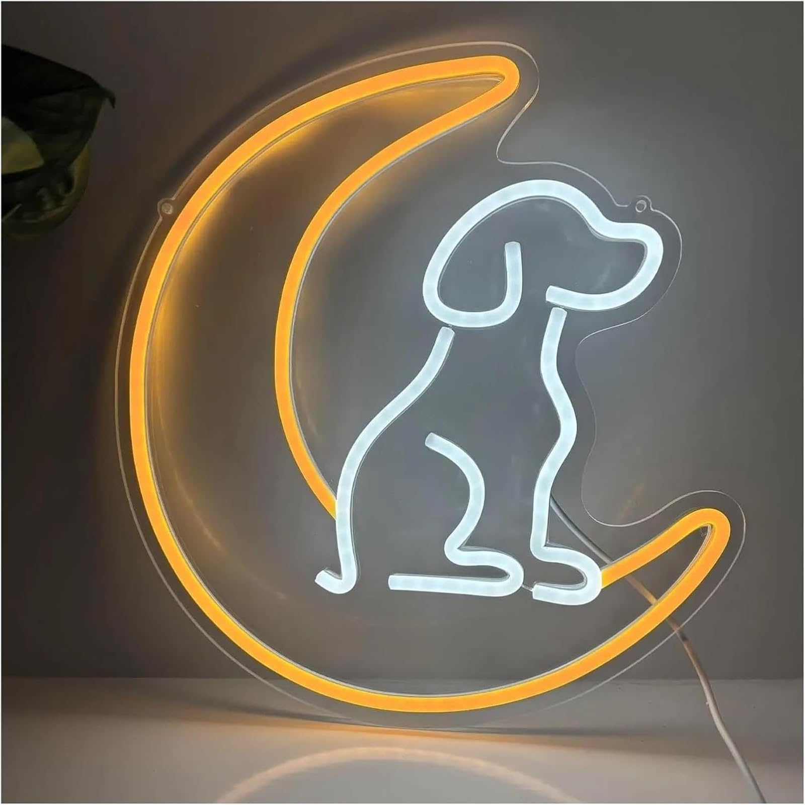 Insegna al neon a forma cane con per luna, decorazione da parete per camera letto soggiorno bambini 34x35cm