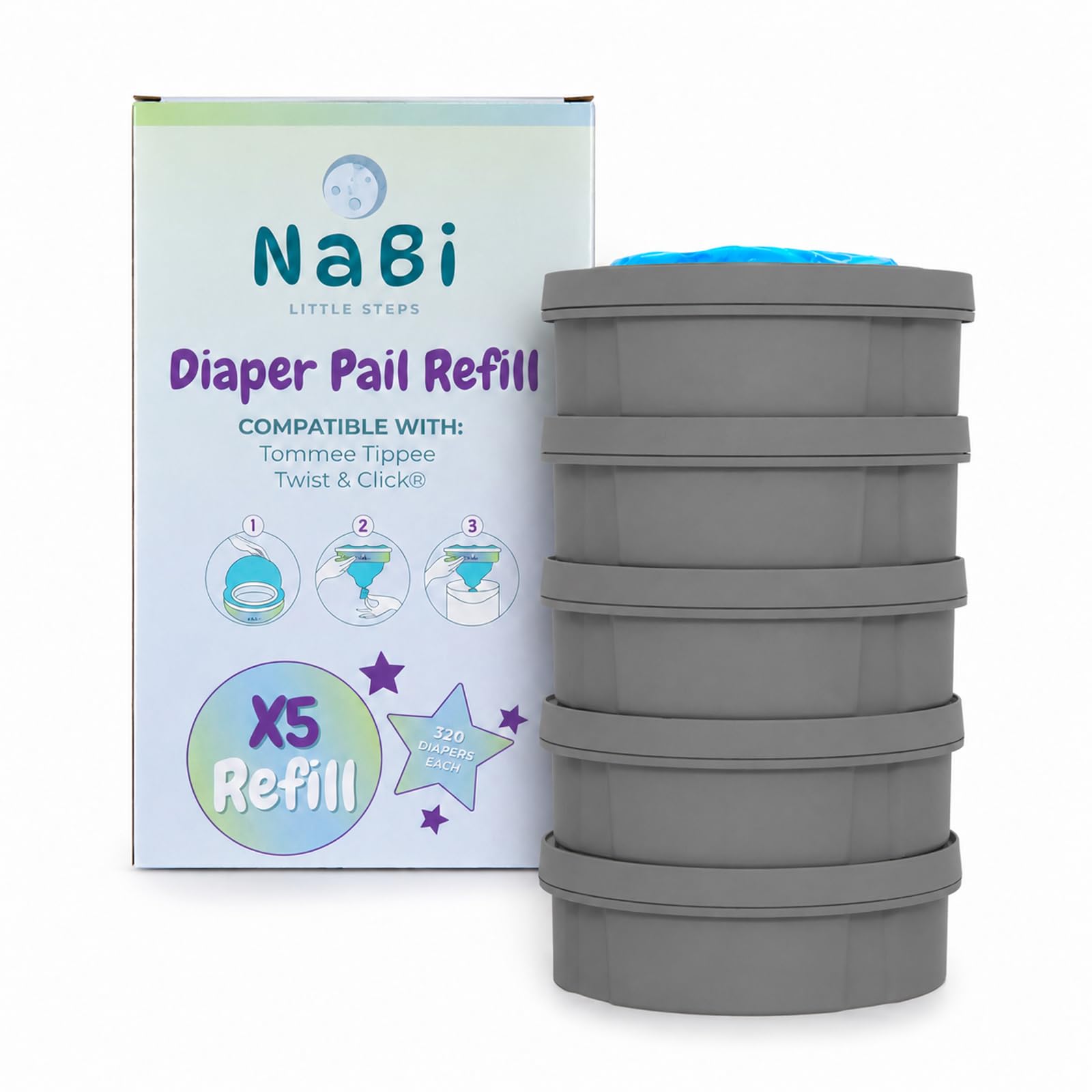 NABI LITTLE STEPS Ricarica Compatibile con Sistema di Smaltimento Avanzato per Pannolini Tommee Tippee Twist and Click. Confezione da 5 Ricariche Profumate, Facili e Convenienti