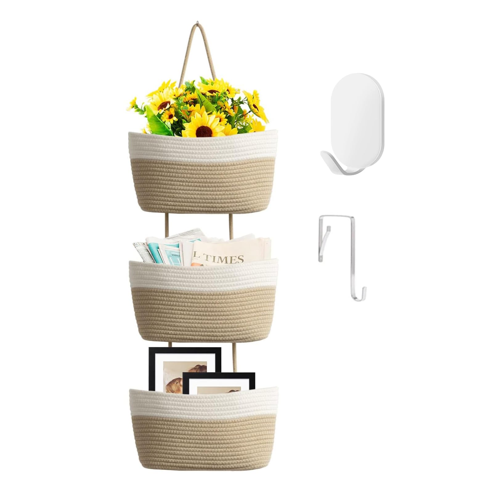 Wycoroy Hanging Baskets for Organizing,Bathroom Organizers and Storage,3-Tier Woven Cotton Wall-Mounted Storage Organizer Bag Decorative,Kitchen,Living Room,Bedroom,Nursery