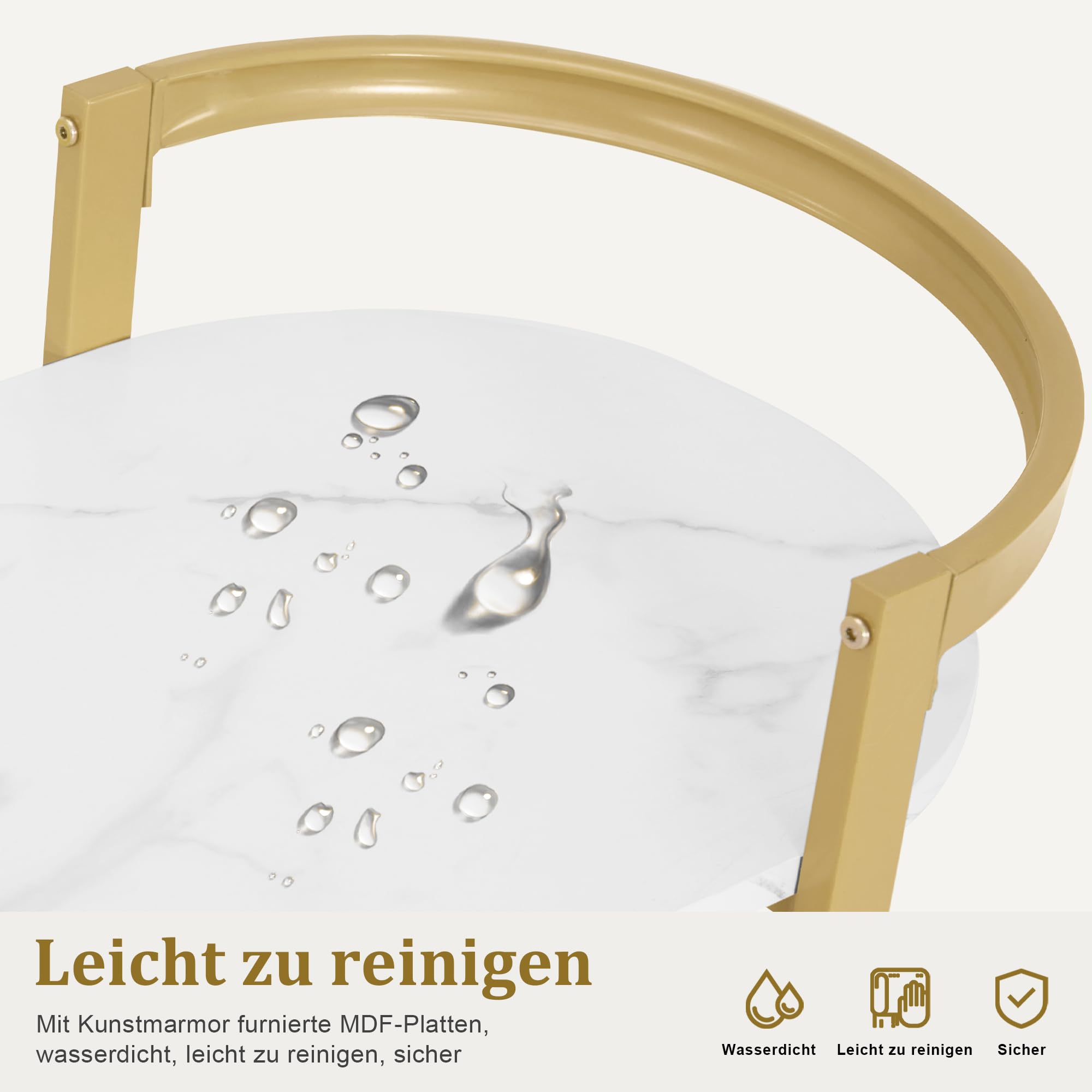 M MCombo Servierwagen mit Rollen, Küchenwagen Barwagen Metallgestell Weiß-Gold, 3 Ebenen, 40x75,5x80