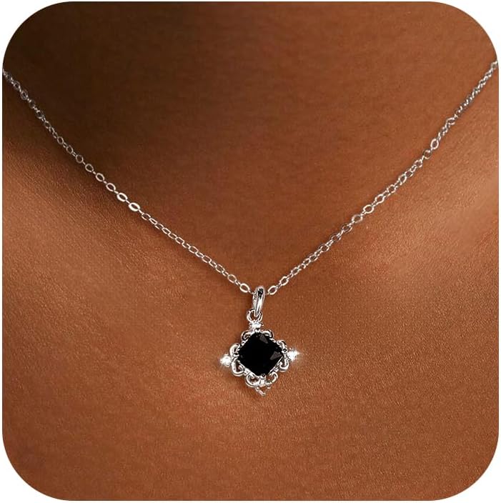 Dainty Black Onyx Necklace for Women,925 Sterling Silver Black Crystal Birthstone Pendant Neckalce for Mother Daughter 14K Gold Plated Square CZ Gemstone Choker Necklace Jewelry Valentines Gift for Her