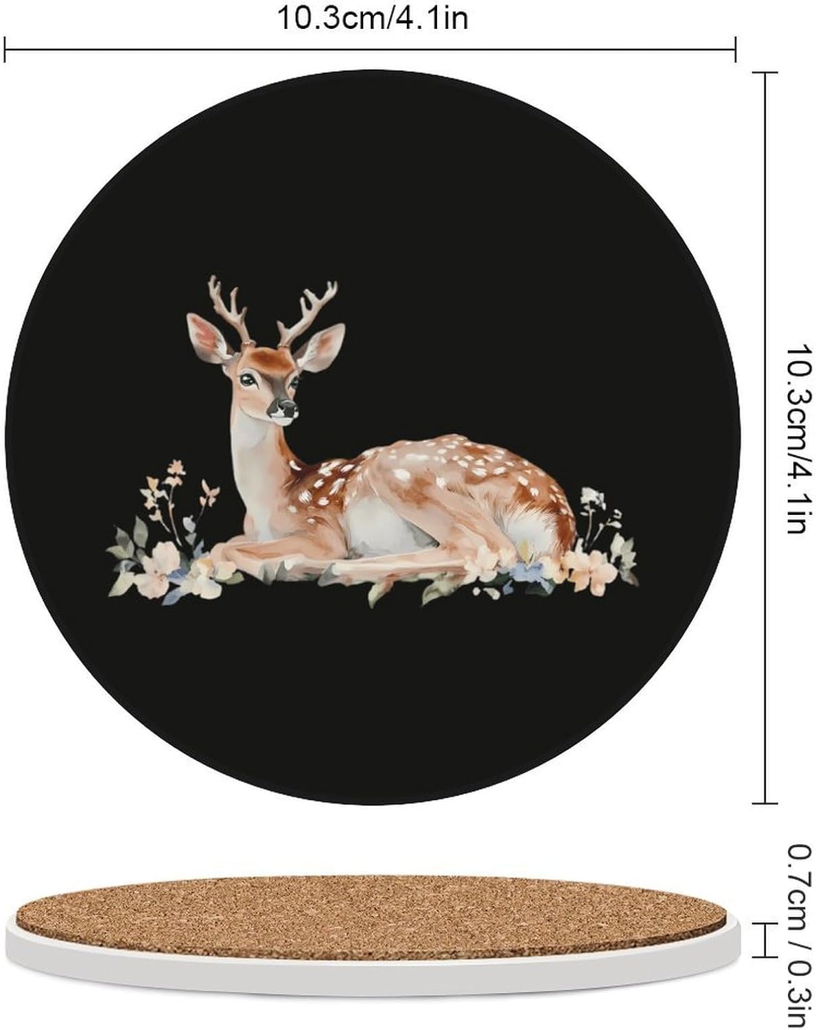 Watercolor Deer Round Ceramic Coasters Print Drinks Absorbent with Cork Base for Home Decor Gifts 4 Inch