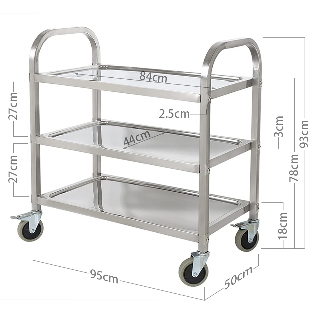 Islas de Almacenamiento móviles Carros de Servicio, Coche de Servicio de 95 x 50 x 93 cm, 3 niveles Con Estantes de Almacenamiento de Ruedas Para Hotel de Cocina, Acero Inoxidable