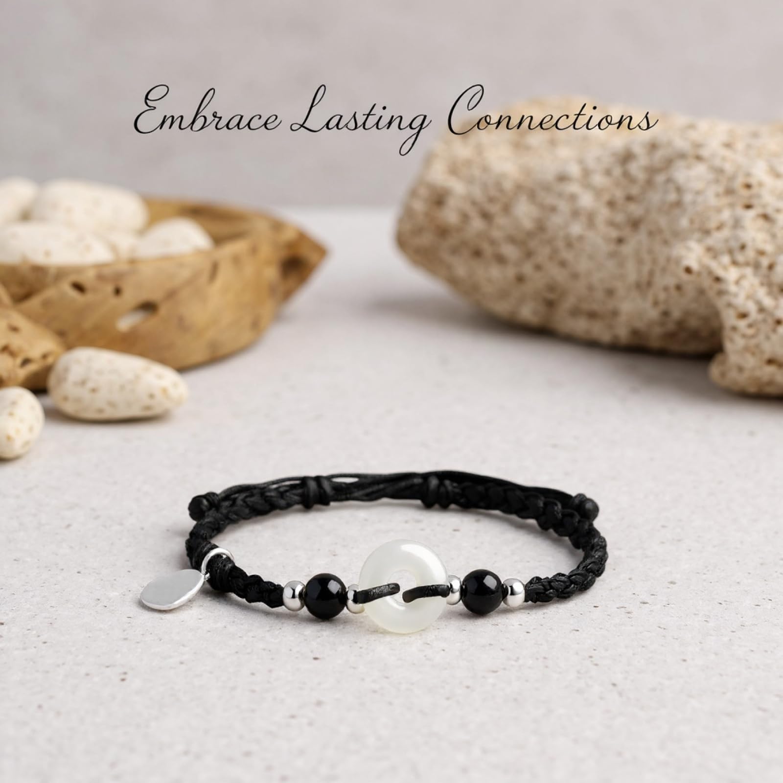 2 Stk. Armband-Set aus Sterlingsilber, passende Freundschaftsarmbänder, verstellbare Kordel, Sicherheitsverschluss, beige und schwarze Flechtkordel, für Jahrestag und Valentinstag, für Freundin
