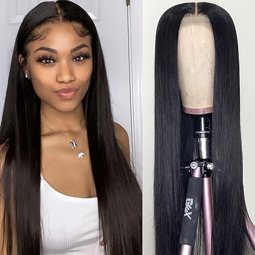 DACHIC 4x4 Lace Front Wigs Human Hair Straight Lace Closure Wigs Pre Plucked 180 Density Glueless Brazilian Human Hair Wigs for Black Women Bleached Knots Free Part 24 Inch