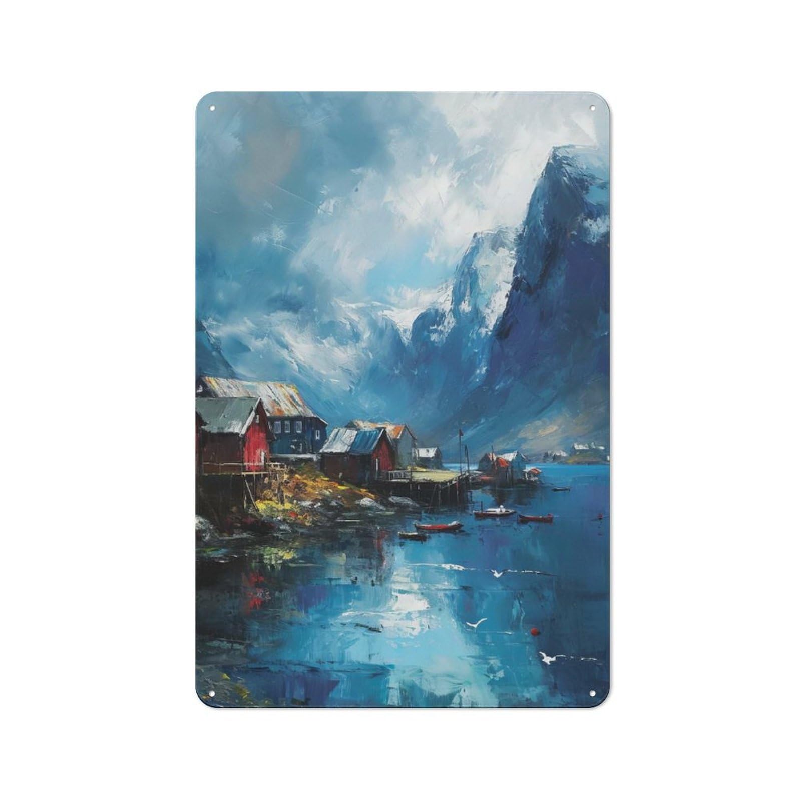 Junmoney Style-15 Garage Style Metal Wall Sign 30X20cm Featuring Coastal Village Painting With Mountain Backdrop, Garage Wall Decor For Garage, Hobby Room, Office Or Man Cave