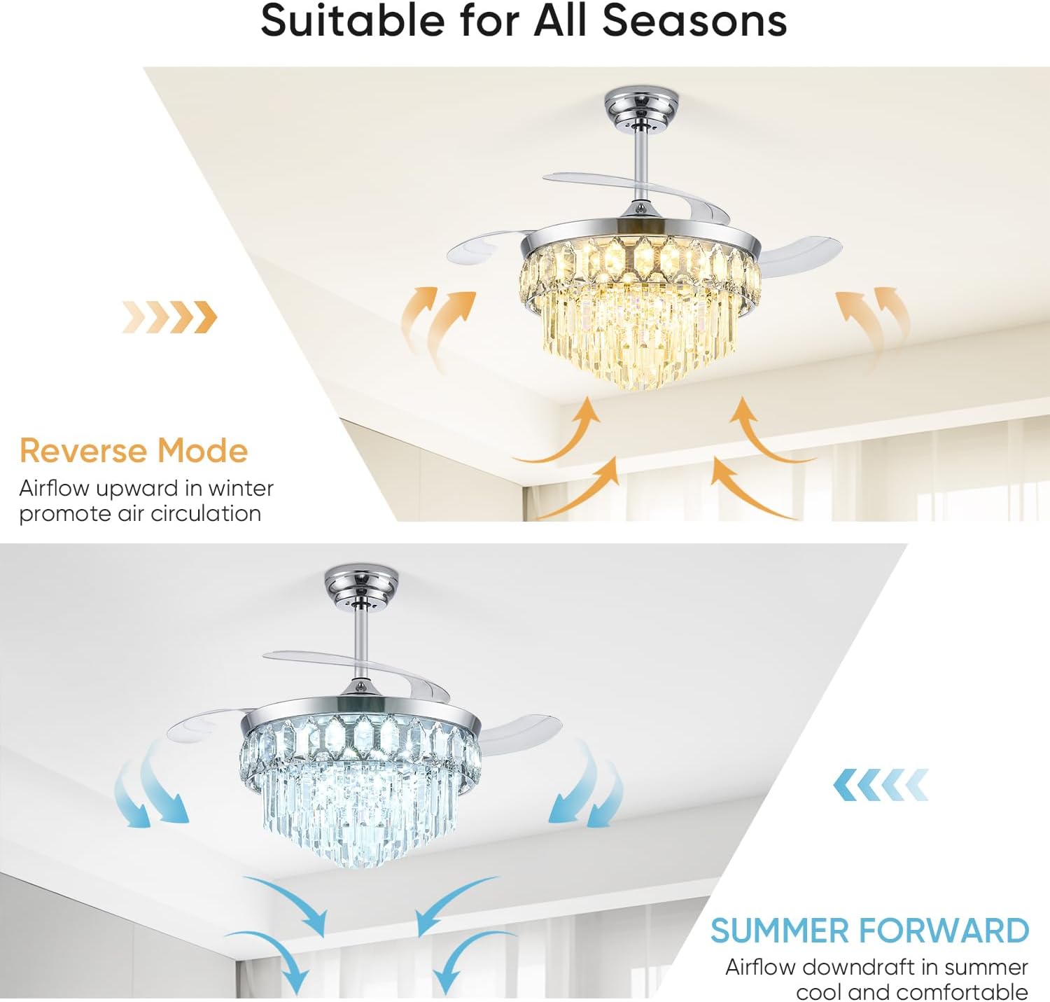 42 Inch Fandelier Ceiling Fan with Light, Retractable Ceiling Fan with Lights Chandelier Fan for Bedroom, Living Room, 3 Color Temperature, 6 Wind Speed-Chrome