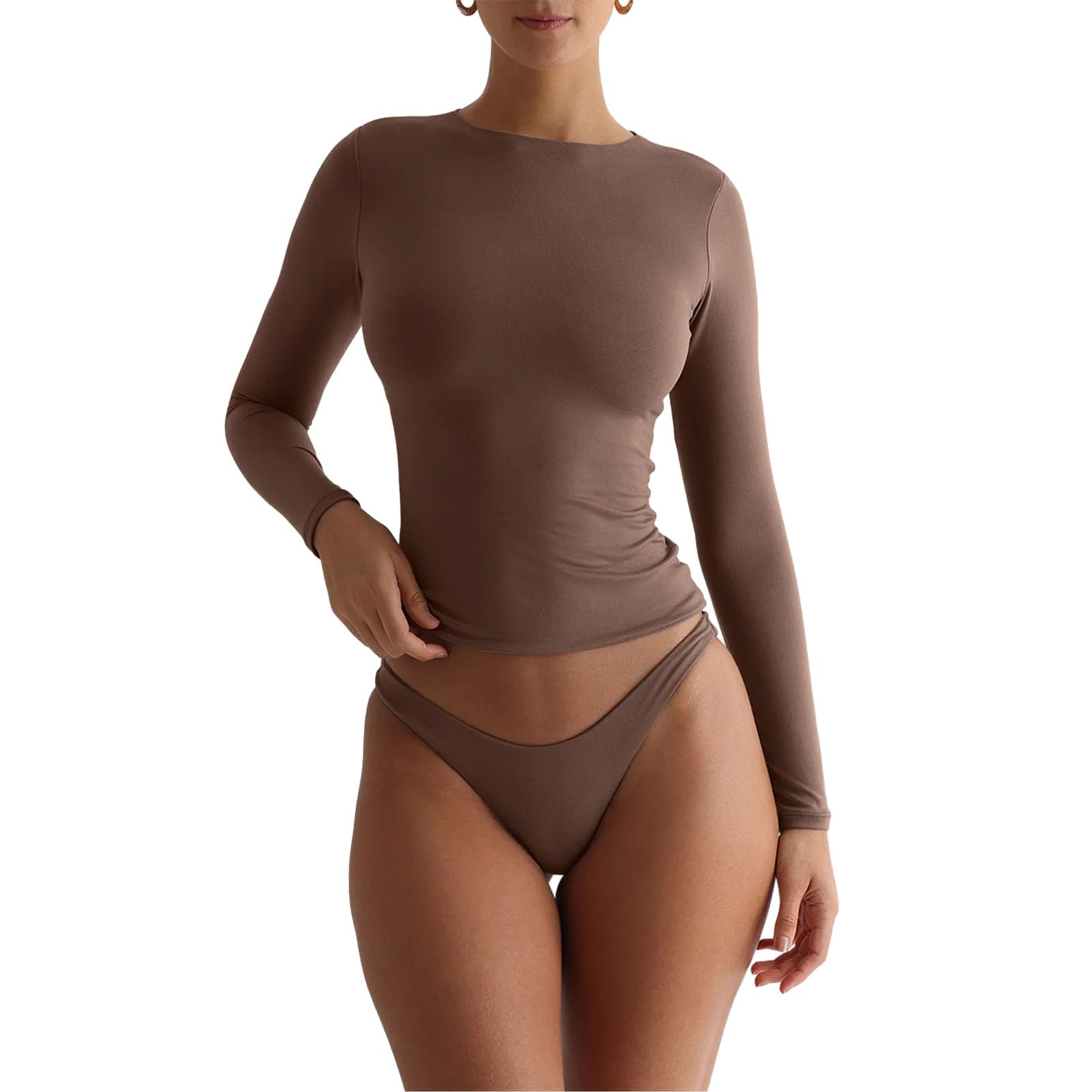 Owegvia Seamless Long Sleeve Shirts for Women Crew Neck Solid Color Slim Fit Going Out Tops for Women Trendy Basic Tees (Coffee, XL)