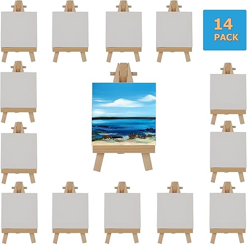Miniatura 9 de Juego de mini lienzos con caballete, paquete de 18, 3 x 3 pulgadas, mini caballete de lona y 18 mini caballetes de 5 pulgadas, lienzo pequeño para