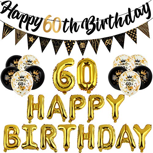 ADXCO Black Gold 60th Birthday Decorations Kit Include Happy 60th Birthday Banner, Triangle Flag Banner, Foil Banner Balloons and Confetti Latex Balloons for Birthday Party Supplies