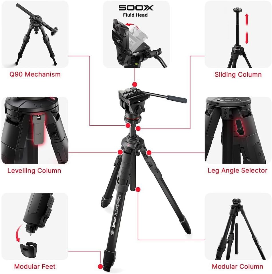Manfrotto 500X Fluid Video Head with ONE Hybrid Aluminum Tripod – Photo & Video Kit, Supports up to 11 lbs, Leveling Column, 90° Horizontal Column, Quick Release System, for DSLR & Mirrorless Cameras