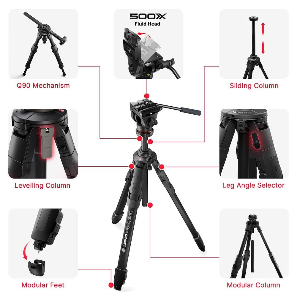 Manfrotto 500X Testa Video Fluida e Treppiede Ibrido ONE, Alluminio, Kit Foto & Video, Portata 5kg, Colonna Livellante, Colonna Orizzontale 90°, Sistema Quick Release, per Fotocamere DSLR & Mirrorless