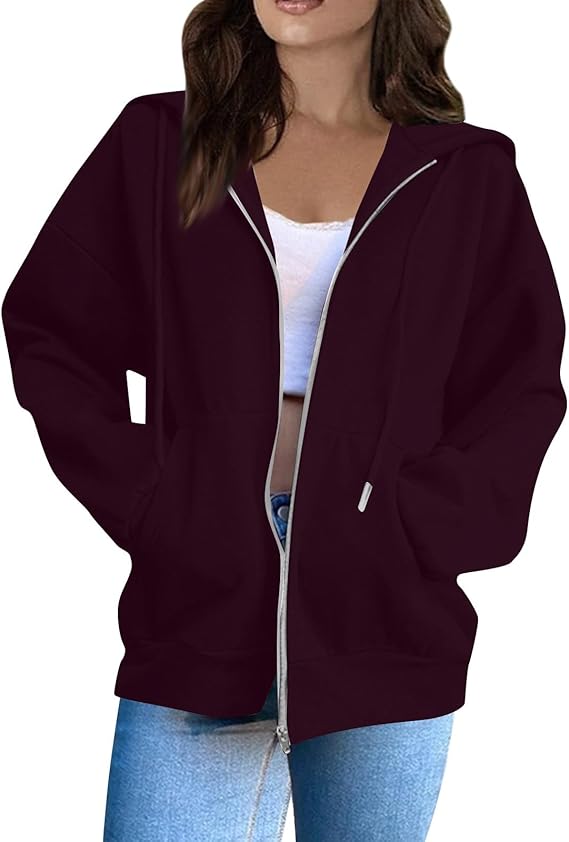 OIOLOYJM Zipper Hoodies for Women Long Sleeve Oversized Sweatshirts Y2k Drawstring Soft Jacket 2025 Fall Fashion with Pockets