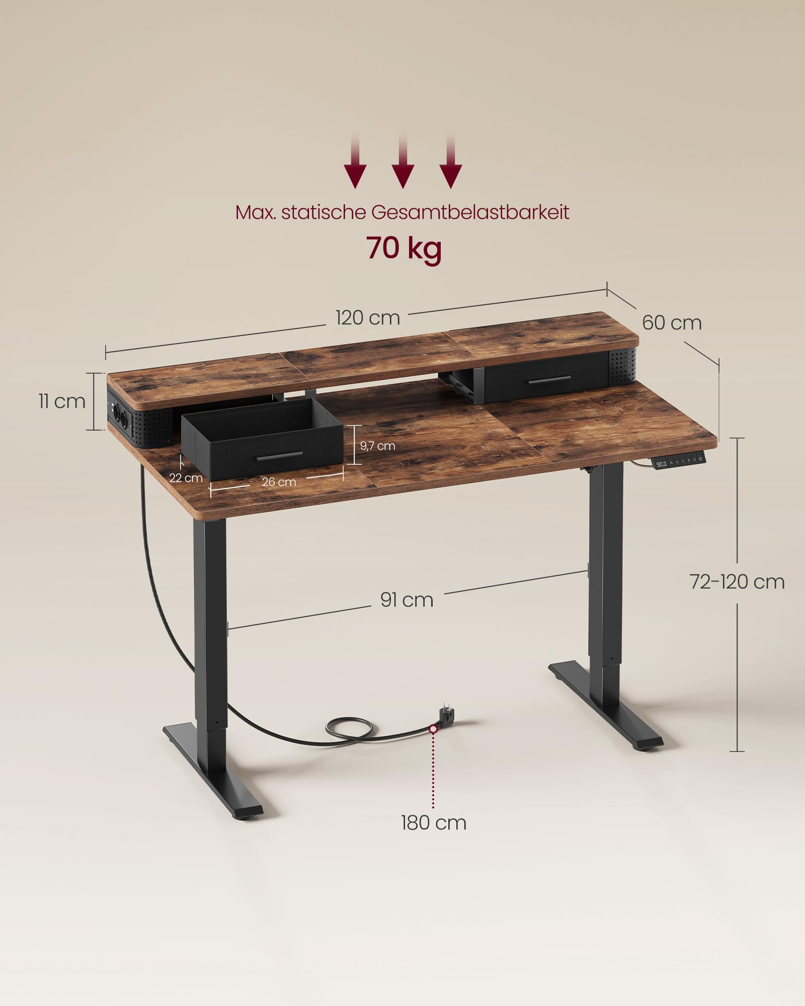 VASAGLE Höhenverstellbarer Schreibtisch elektrisch, 120 x 60 x (72-120) cm, stufenlos verstellbar, mit Monitorständer, Steckdosenleiste, Haken, Memory-Funktion, vintagebraun LSD182KD02