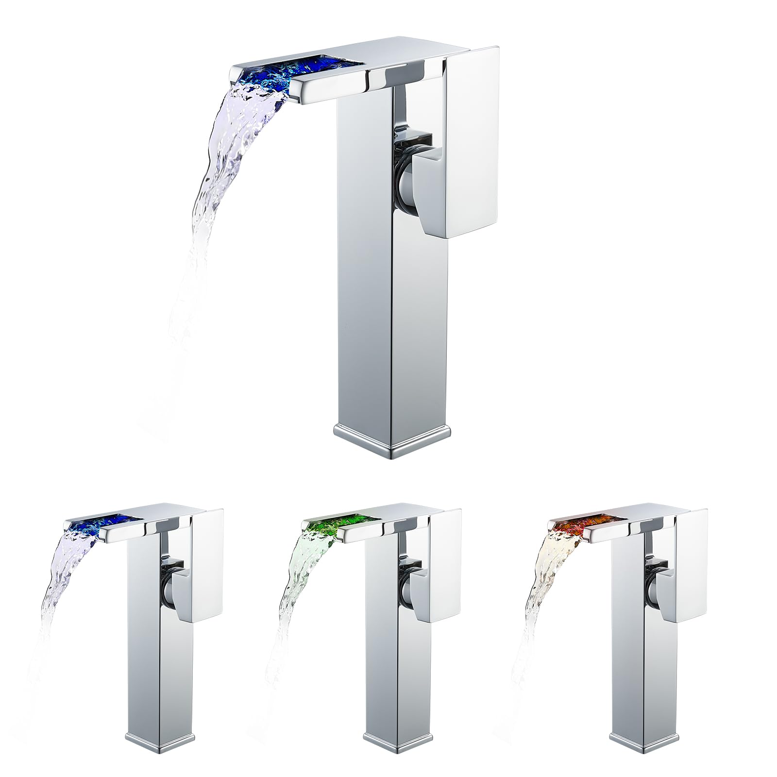 Wasserhahn Bad LED(keine Batterie erforderlich), KEOKBON Hoch Wasserfall Waschtischarmatur Armaturen mit Auslaufhöhe von 226 MM High, Einhebelmischer Mischbatterie für Waschbecken im Bad, Chrom