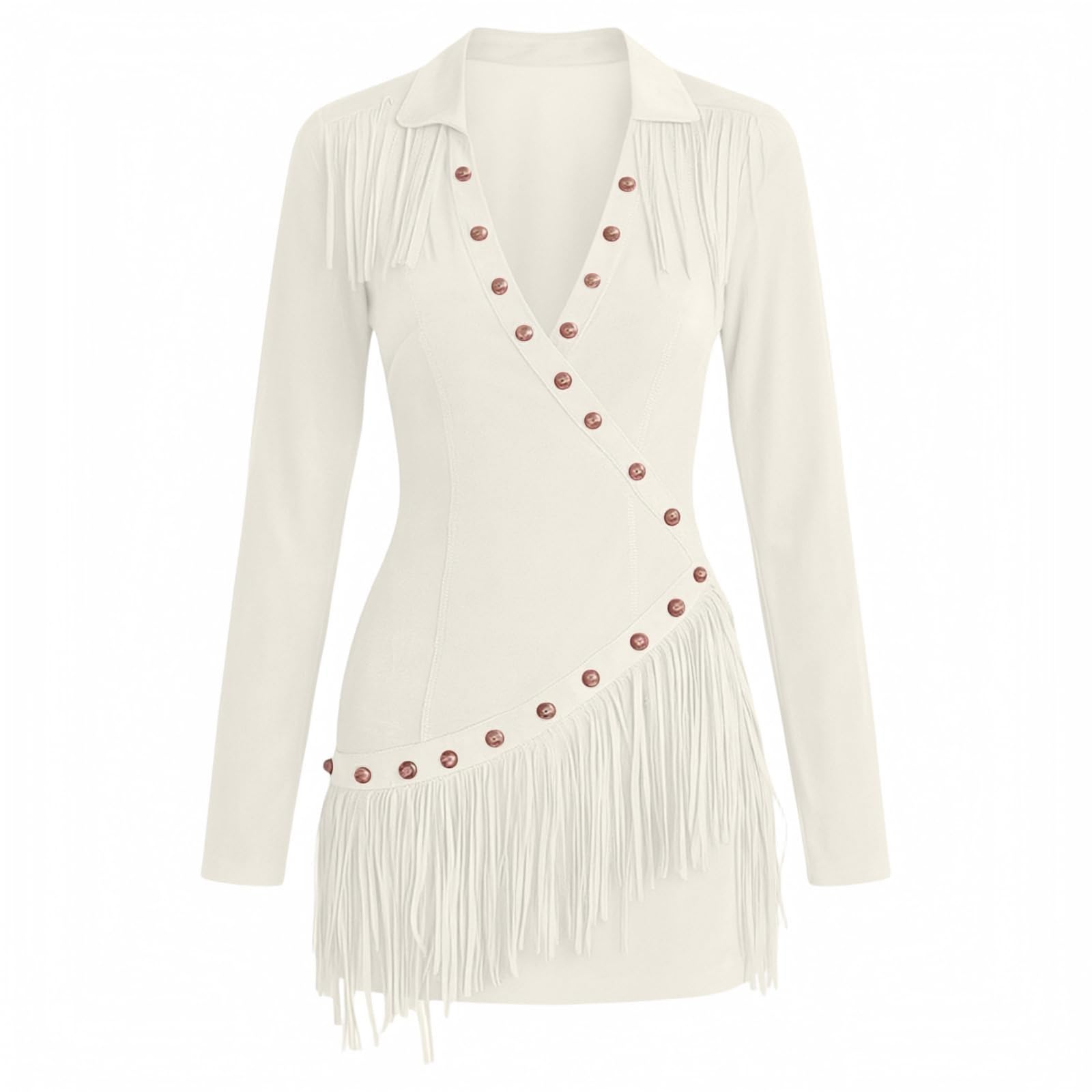 Vestido para Mujer De Efecto Ante con Flecos Manga Larga En V Cruzado