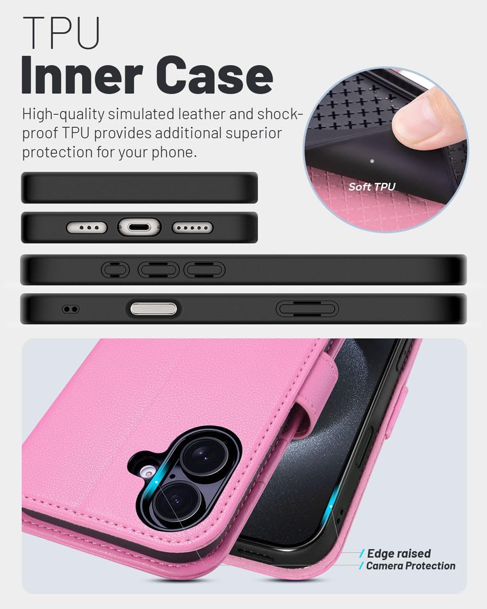 OCASE Compatible with iPhone 16 Wallet Case, PU Leather Flip Folio Case with Card Holders RFID Blocking Kickstand [Shockproof TPU Inner Shell] Phone Cover 6.1 Inch 2024, Pink