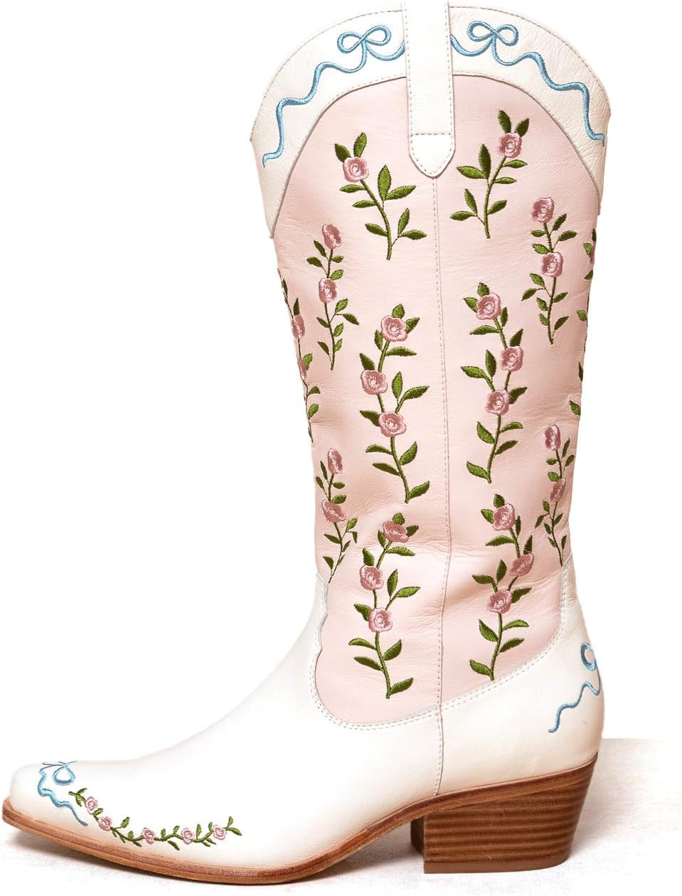 Mid Calf Flower Embroidered Cowgirl Boots Wide-Calf Cowboy Boots with Bows