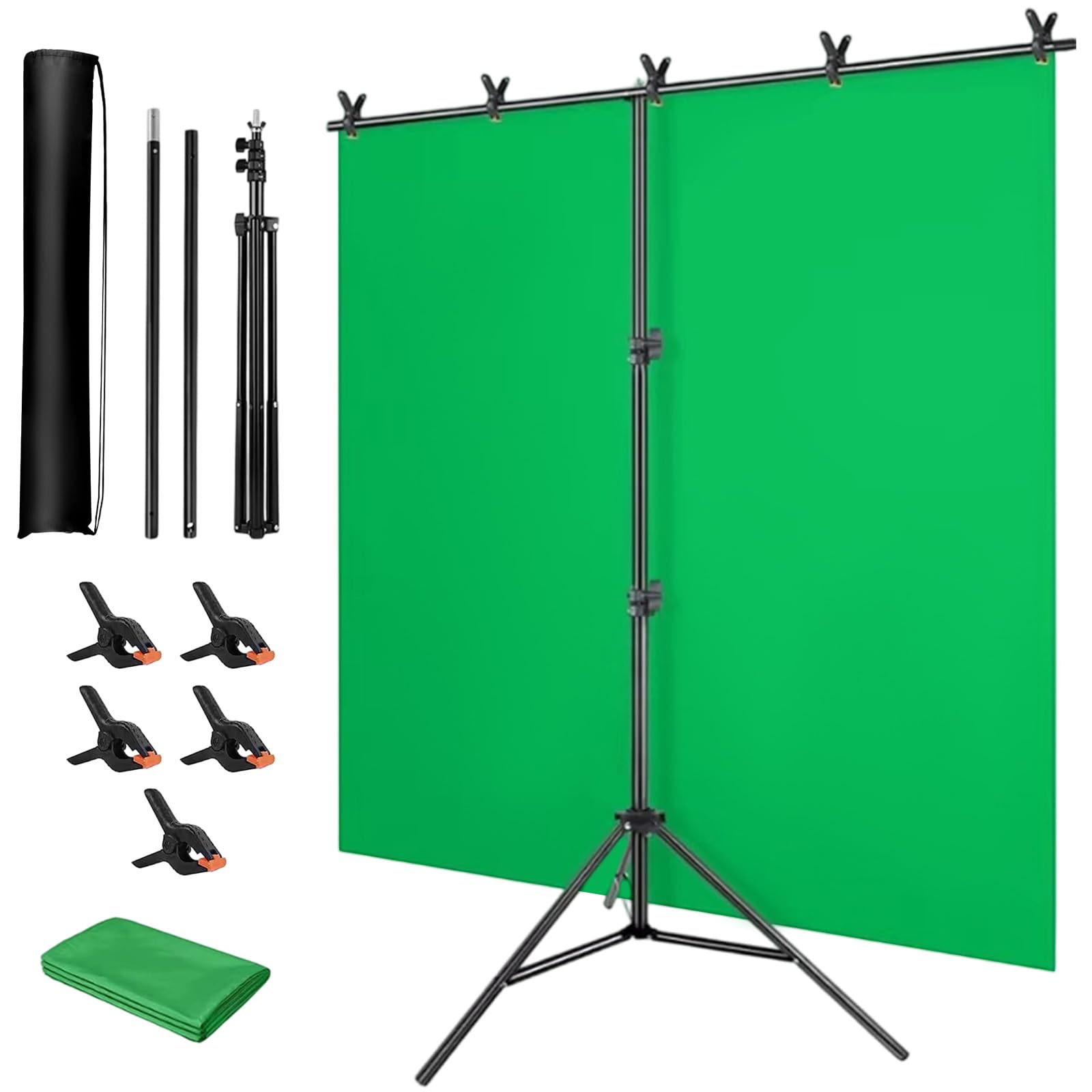 1,5x2m Kit Fond Vert avec Support, 5 Pinces et 1 Sac Rangement, Backdrop Photo Pliable Portable pour Studios Photographie/Vidéo, Streaming Direct, Youtube/TikTok, Jeux Vidéo et Réunions Zoom
