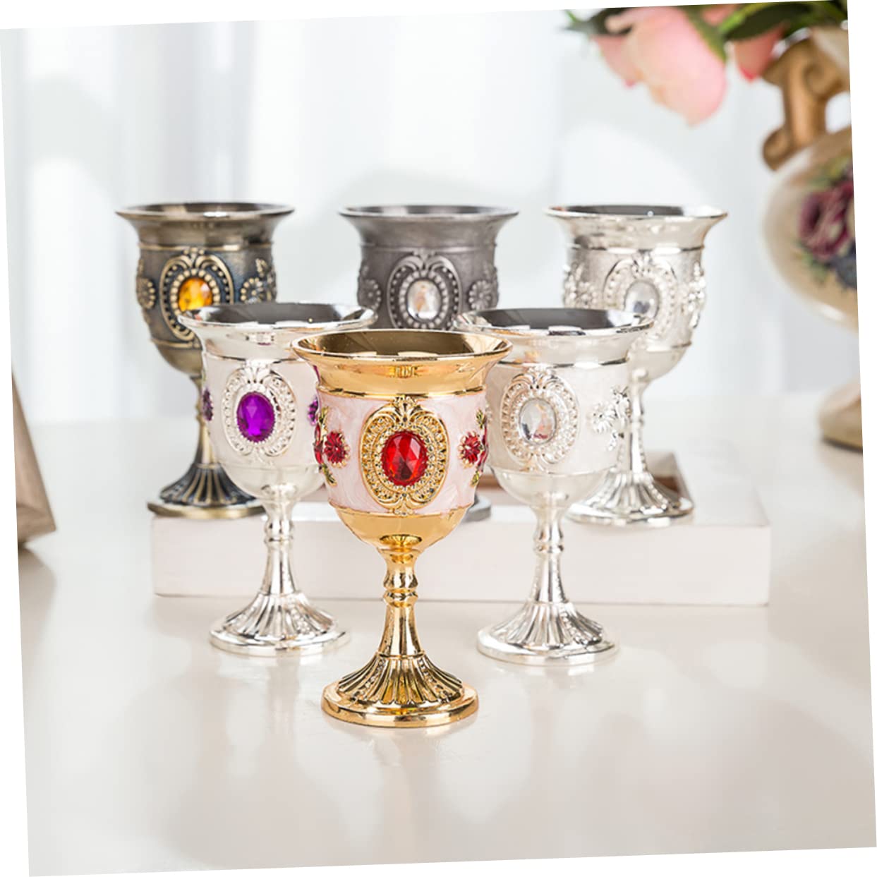 FUNOMOCYA Inlay Style Zinc Alloy Wine Goblet Carved Luxury Stemware for Home Bar Parties Random Flower Pattern Easy to Clean for Daily Use Special Occasions