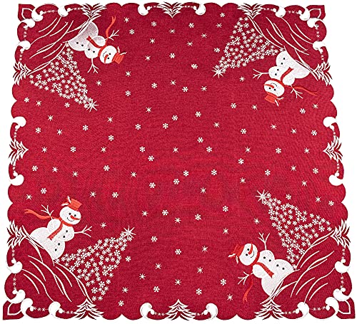 Beautifully Elegant Silver Star Topped Trees and Snowman on Red Linen Doily, Table Topper, Small Tablecloth, Table Centerpiece (34 Inch Square)